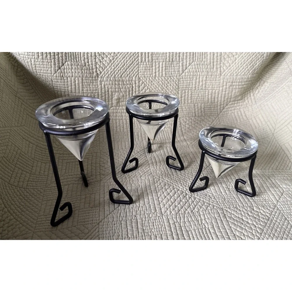 Vtg MCM Wrought Iron Glass Tea Light Holders Set of3 Glass Cone Votives Graduate